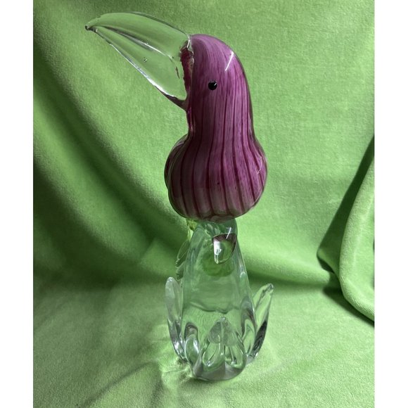 OLLIERV Diamond Star Art Glass Heavy Toucan Pink Green With Clear Beak 12” Tall - Picture 3 of 10
